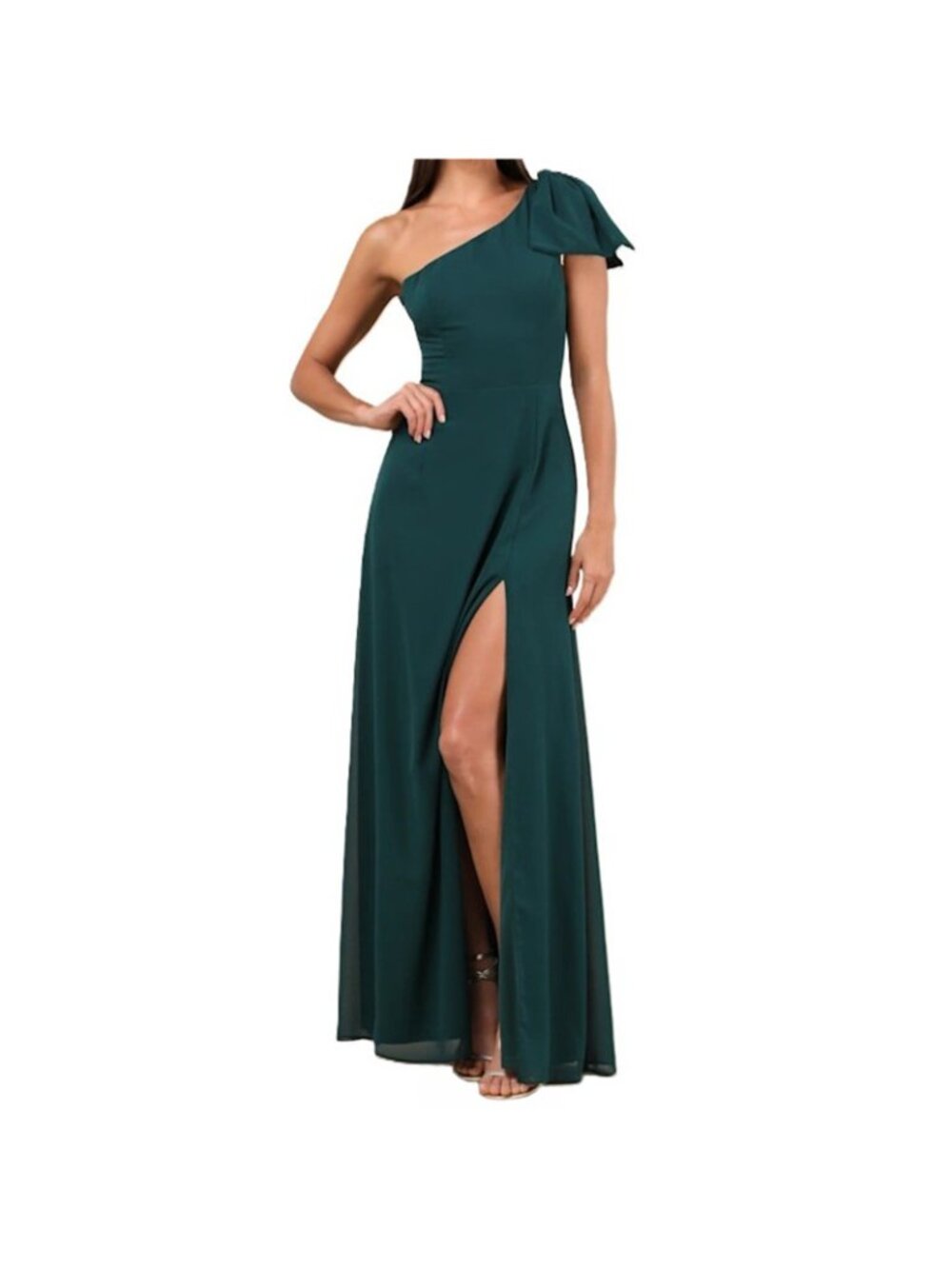 Lulus One Shoulder Maxi Dress Emeral Green w/ Bow Side Zip Side Slit Large NWT